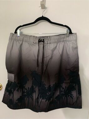 Men's Gray Ombre Palm-Print Swim Trunks XL
